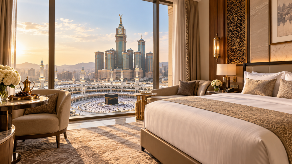 Fairmont Economy Umrah Package – 8 Nights 1 Fairmont Economy Umrah Package – illuminated minarets of the Prophet’s Mosque in Madinah at sunset